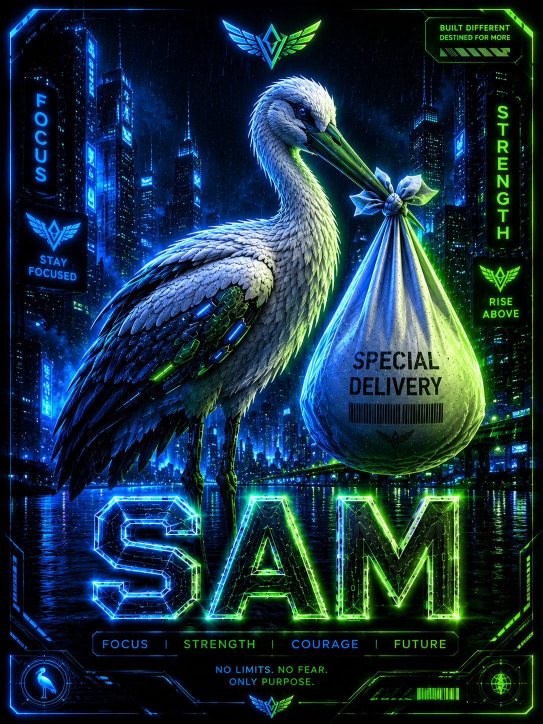 Personalized Cyberpunk Stork Poster with Name, Neon Nursery Wall